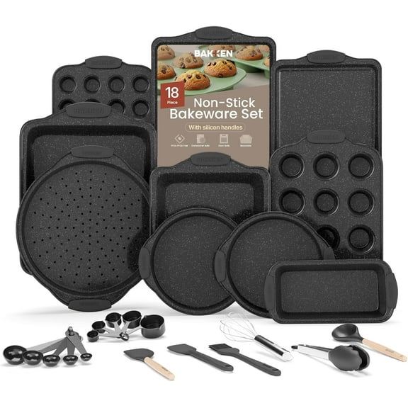 Bakken- Swiss 18-Piece Kitchen Oven Baking Set Nonstick Gray Marble Coating, Carbon Steel Bakeware, Silicone Handles, Dishwasher Safe