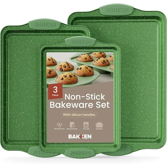Bakken- Swiss Kitchen Baking Pan Set - Nonstick Green Marble Coating, Carbon Steel Bakeware Sets with Green Silicone Handles, Kitchen Essentials, Oven Safe (Up To 450 F), Set of 3