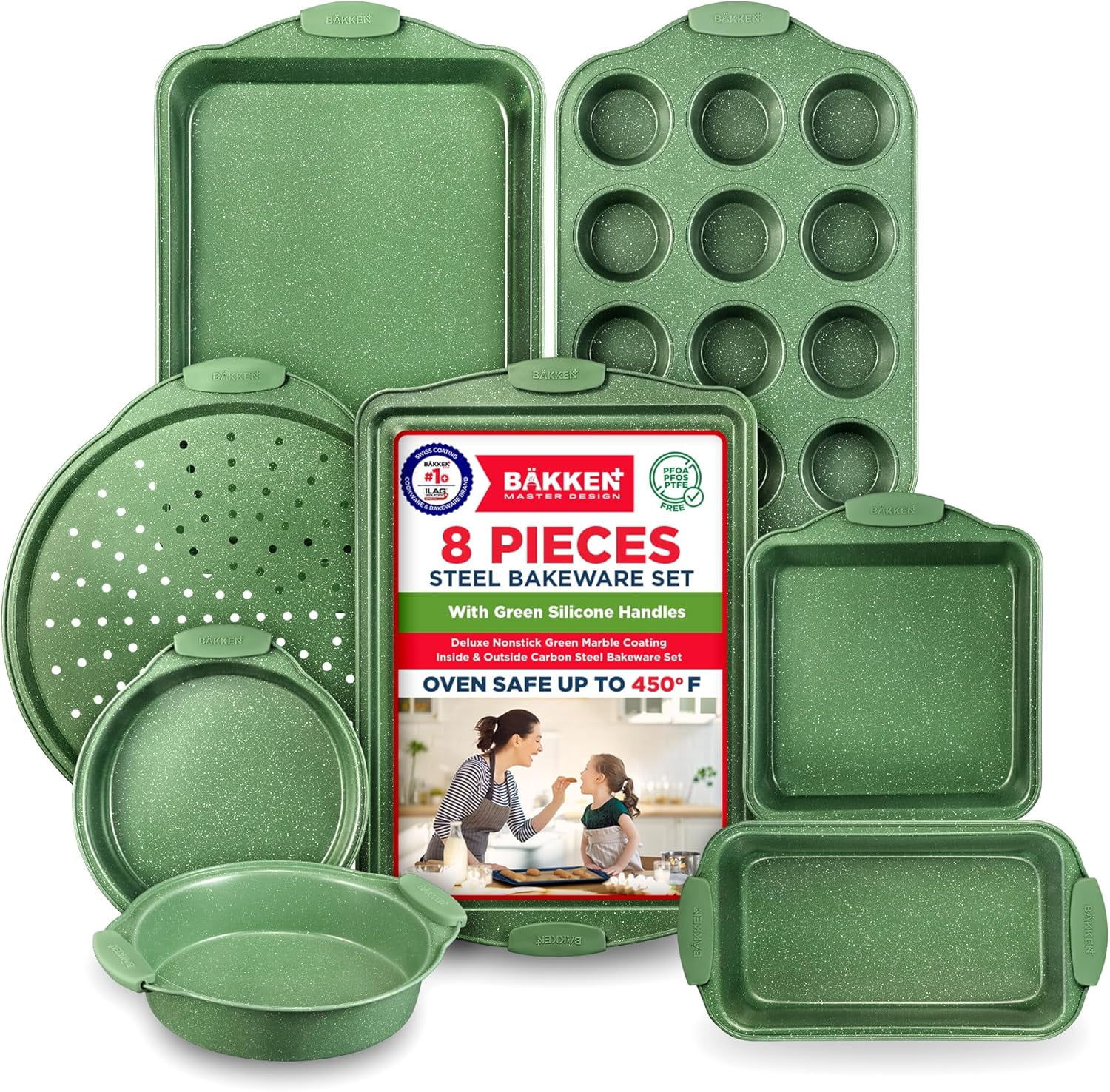 BAKKEN Green Marble Nonstick Carbon Steel 3-Piece Baking Pan Set