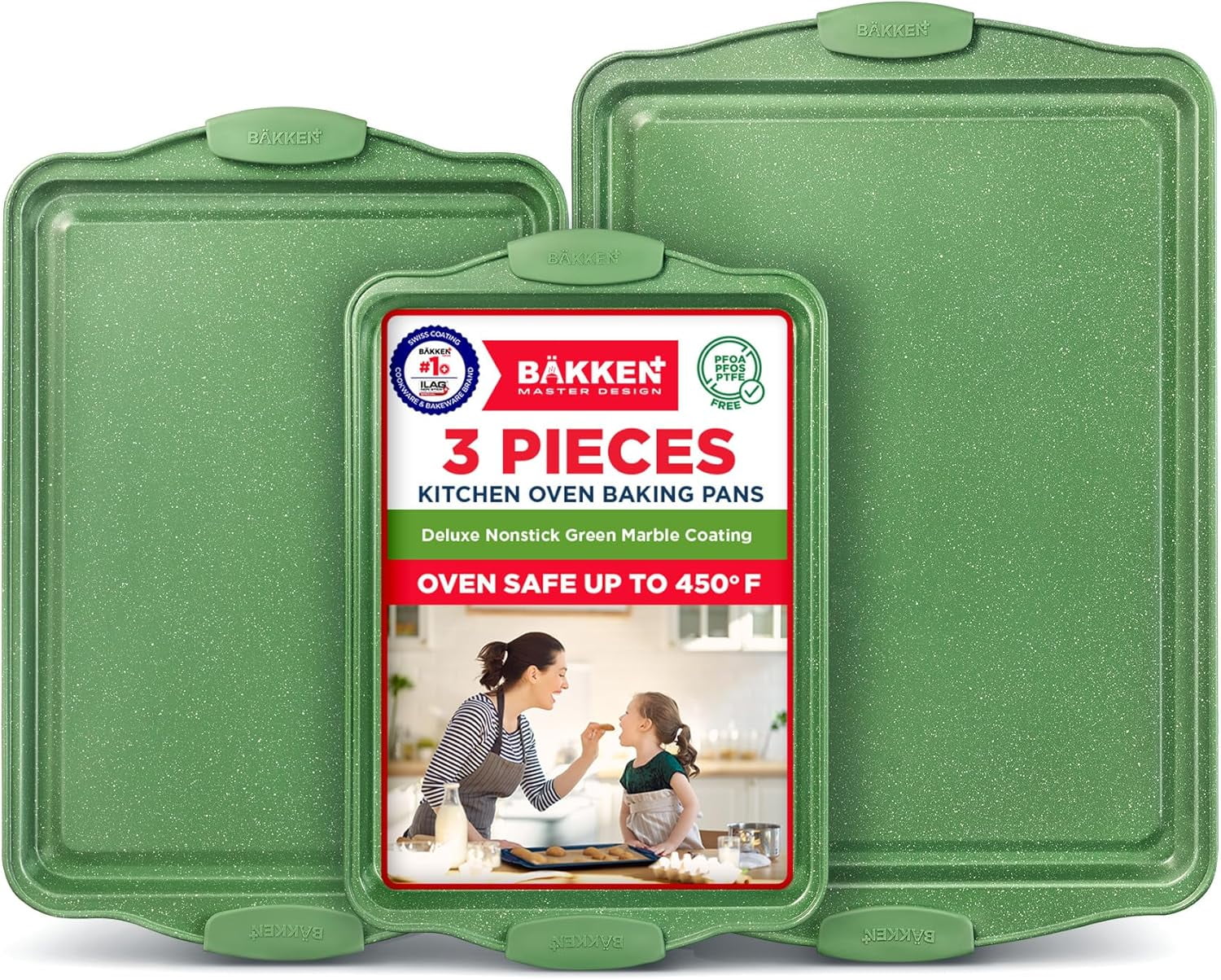 BAKKEN Green Marble Nonstick Carbon Steel 3-Piece Baking Pan Set