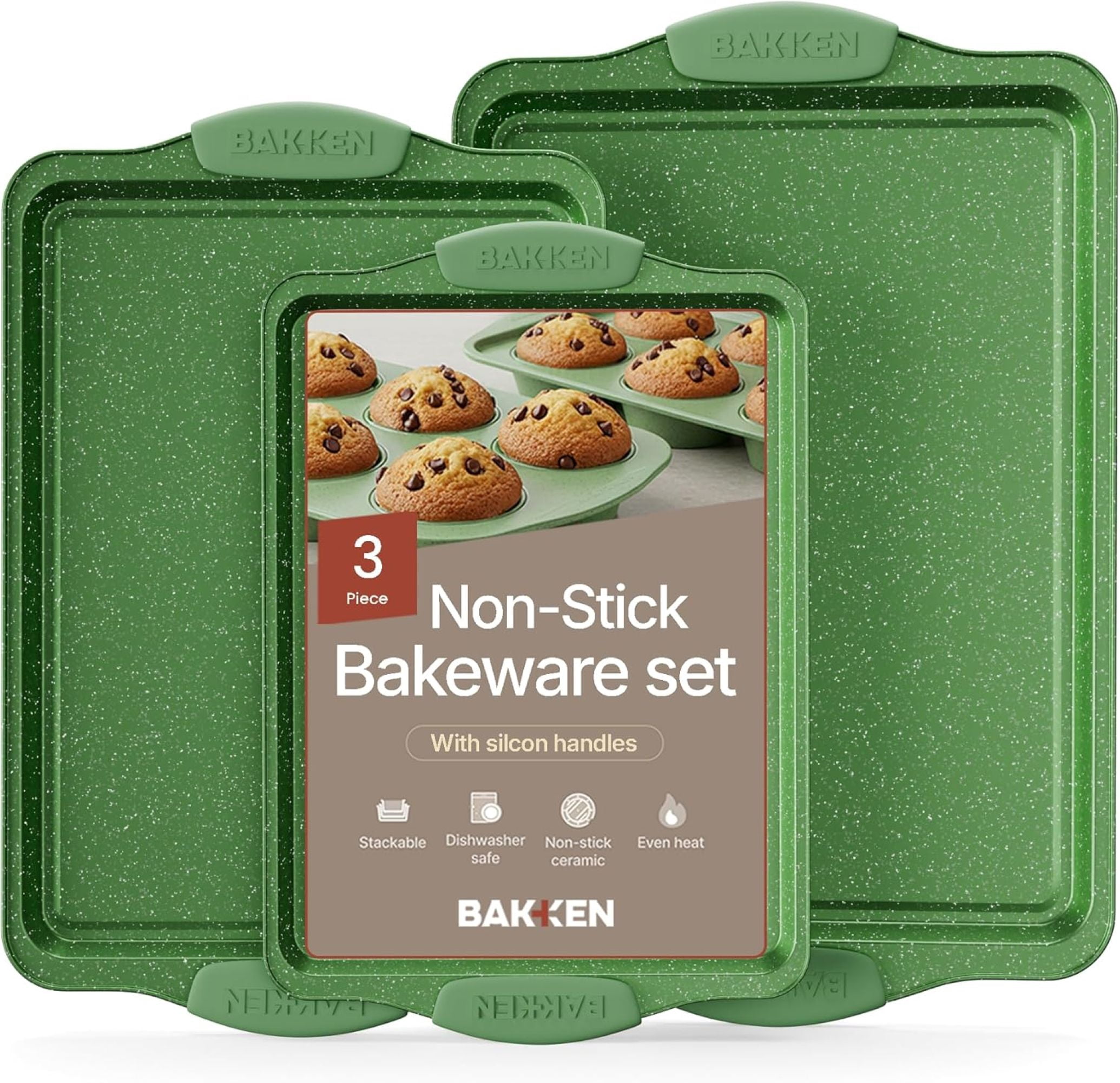 Bakken- Swiss Kitchen Baking Pan Set - Nonstick Green Marble Coating, Carbon Steel Bakeware Sets with Green Silicone Handles, Kitchen Essentials, Oven Safe (Up To 450° F), Set of 3
