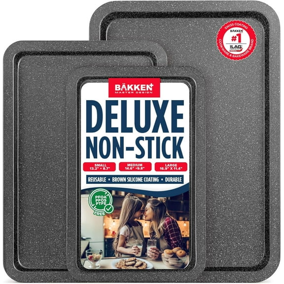 Bakken- Swiss 3-Piece Kitchen Baking Pan Set - Commercial Grade Carbon Steel Bakeware with Nonstick Coating, Stackable and Space-Saving Design, Oven Safe Tray (up to 450°F), Gray Marble
