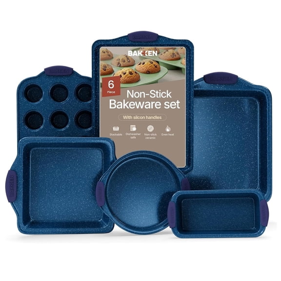 Bakken- Swiss Kitchen Baking Pan Set - Nonstick Coating, Carbon Steel Bakeware Sets with Blue Silicone Handles, Baking Kitchen Essentials, Oven Safe Tray (Up To 450° F), Set of 6