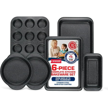 Bakken- Swiss 6-Piece Kitchen Baking Pan Set - Commercial Grade Carbon Steel Bakeware with Nonstick Coating, Stackable and Space-Saving Design, Oven Safe Tray (up to 450°F), Gray Marble