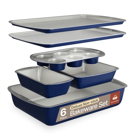 Bakken- Swiss Kitchen Baking Pan Set - Nonstick Royal Blue Coating, Commercial Grade Carbon Steel, Baking Kitchen Essentials, Oven Safe Tray (Up To 450° F), Set of 6