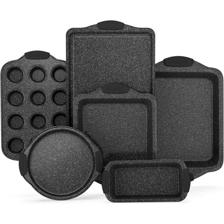 Bakken- Swiss 6-Piece Nonstick Gray Marble Coated Bakeware Set - Professional Quality Carbon Steel Pans with Silicone Handles - Ideal for Oven, Refrigerator, Freezer - Dishwasher Safe