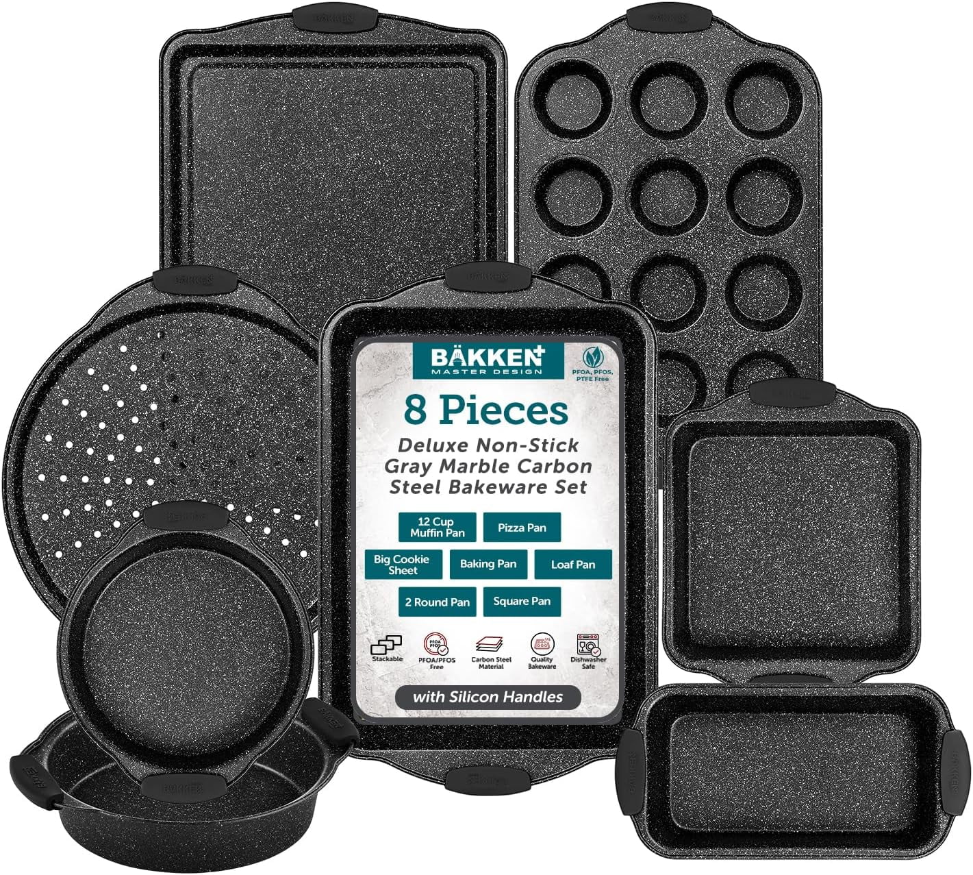 BAKKEN 8-Piece Deluxe Nonstick Gray Marble Carbon Steel Bakeware Set with Silicone Handles