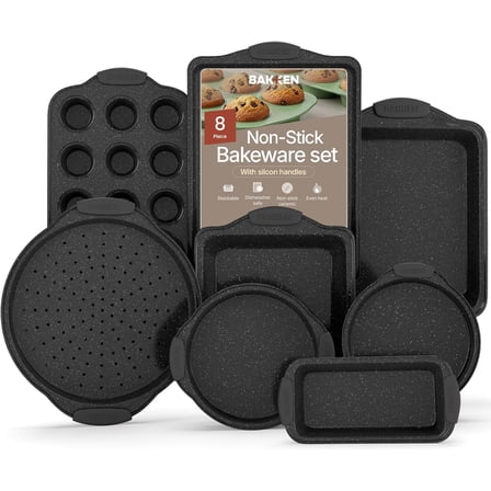 Bakken- Swiss 8-Piece Kitchen Oven Baking Pans Set - Deluxe Nonstick Gray Marble Coating, Professional Grade Carbon Steel Bakeware with Silicone Handles - Oven, Dishwasher, and Freezer Safe