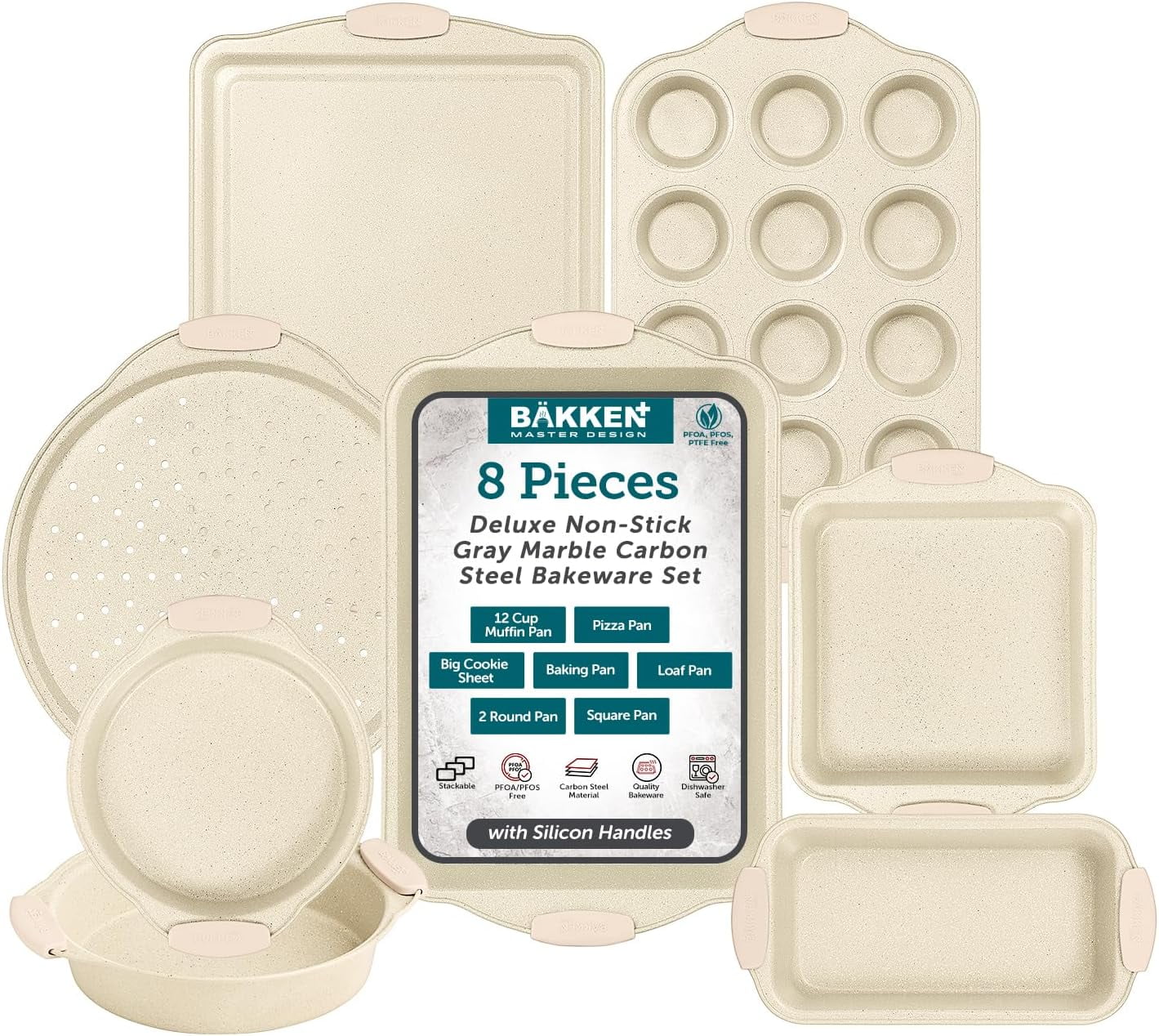 Bakken- Swiss Deluxe 8-Piece Carbon Steel Bakeware Set - Nonstick White Marble Coating, Silicone Handles - Professional Quality Kitchen Oven Baking Pans - Walmart.com