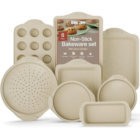 Bakken- Swiss Deluxe 8-Piece Carbon Steel Bakeware Set - Nonstick White Marble Coating, Silicone Handles - Professional Quality Kitchen Oven Baking Pans