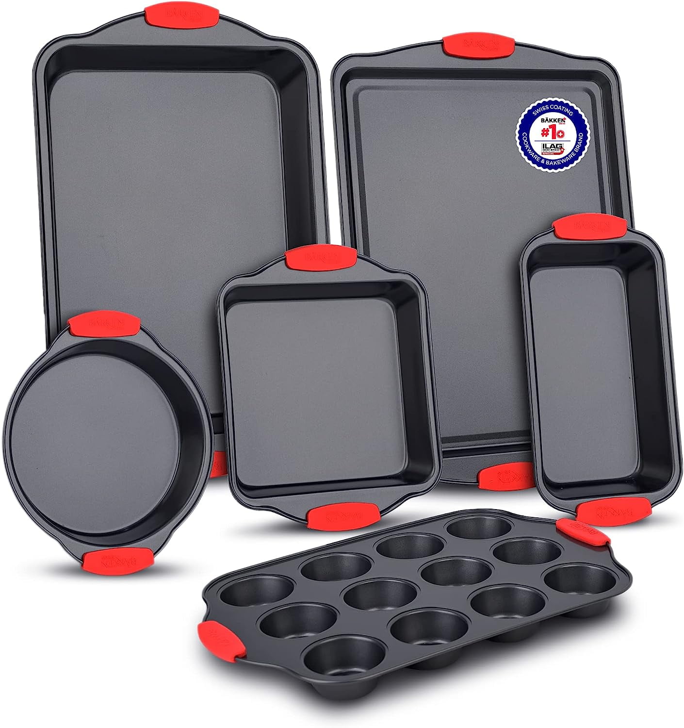 Bakken 18-piece Nonstick Oven Baking Set: Gray Marble Coating Carbon Steel Silicone Handles Dishwasher Safe Pfoa Free Professional Quality