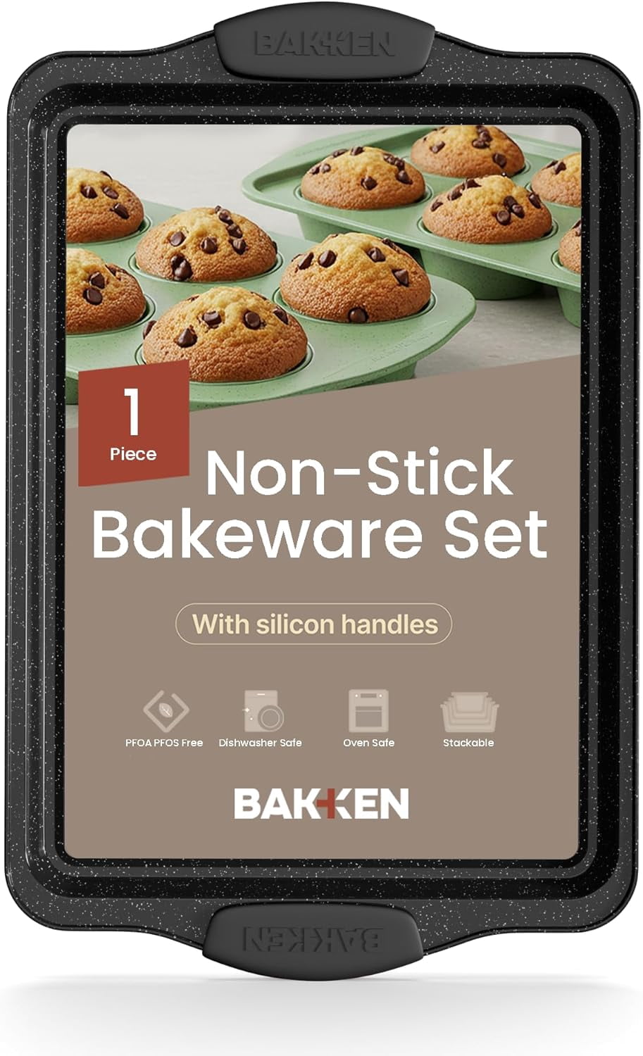 BAKKEN Kitchen Baking Pan – 15.15" x 10.03" Nonstick Cookie Sheet, Durable Carbon Steel with Gray Silicone Handles, Oven Safe Up to 450°F, 1-Piece Set