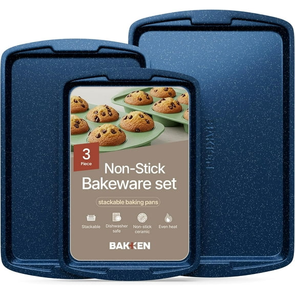 BAKKEN Kitchen Baking Pan Set – 3-Piece Nonstick Carbon Steel Bakeware, Commercial-Grade, Oven Safe up to 450°F, Blue Marble