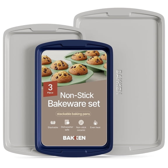 BAKKEN Kitchen Baking Pan Set – 3-Piece Nonstick Carbon Steel Bakeware, Commercial-Grade, Oven Safe up to 450°F, Blue Marble