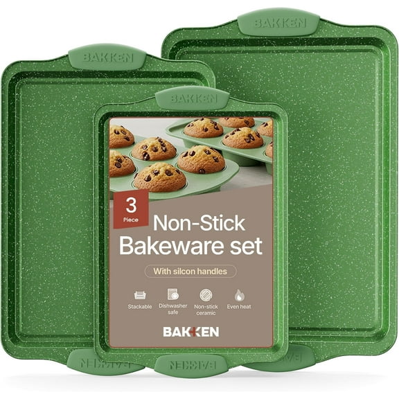 BAKKEN Kitchen Baking Pan Set – 3-Piece Nonstick Carbon Steel Bakeware, Commercial-Grade, Oven Safe up to 450°F, Green Marble