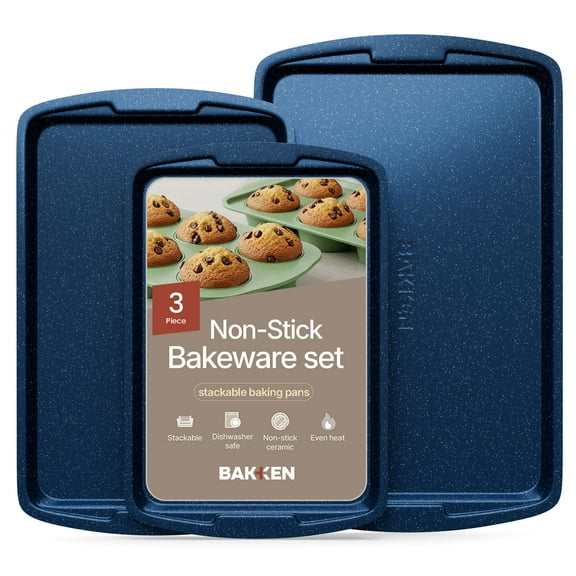 Bakken- Swiss Kitchen Baking Pan Set - Nonstick Coating, Commercial Grade Carbon Steel, Baking Kitchen Essentials, Oven Safe Tray (up to 450° F), Set of 3, Blue Marble