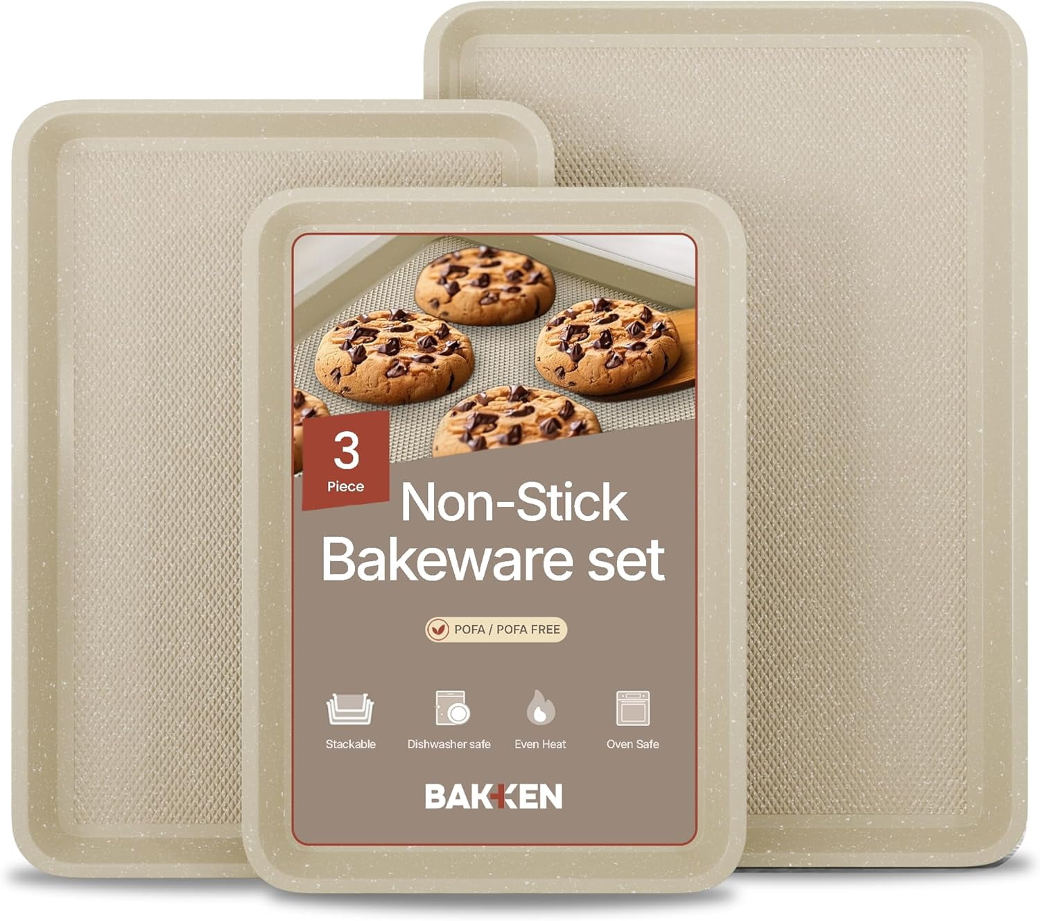 BAKKEN Baking Pan - Small, Medium, & Large Cookie Pan Nonstick, Diamond Texture Bottom, Oven Safe (450°F), Pack of 3, White Marble