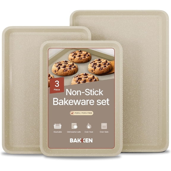 BAKKEN Baking Pan - Small, Medium, & Large Cookie Pan Nonstick, Diamond Texture Bottom, Oven Safe (450F), Pack of 3, White Marble