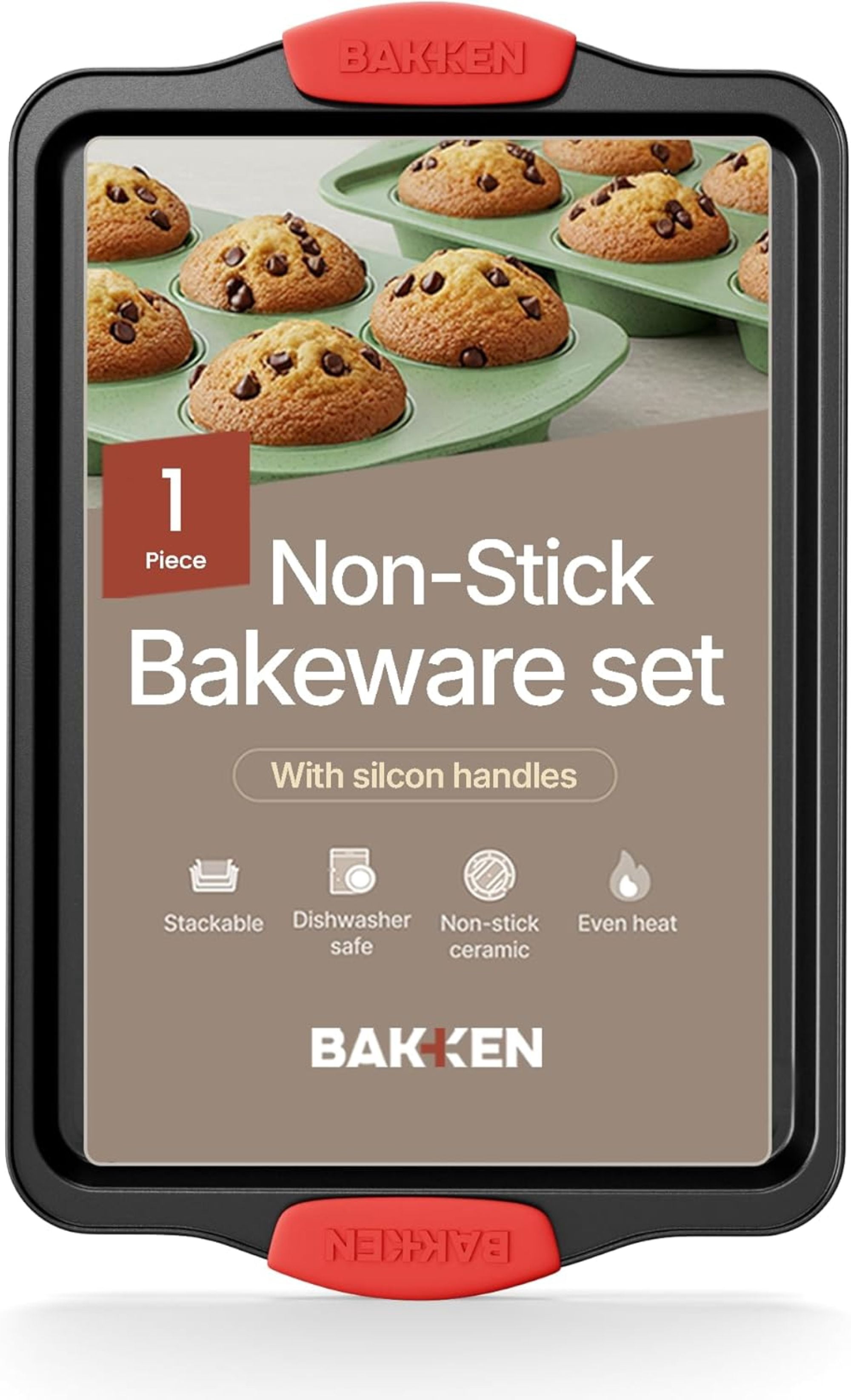 Bakken Swiss Kitchen Medium Nonstick Carbon Steel Baking Pan with Red Silicone Handles, Oven Safe up to 450°F