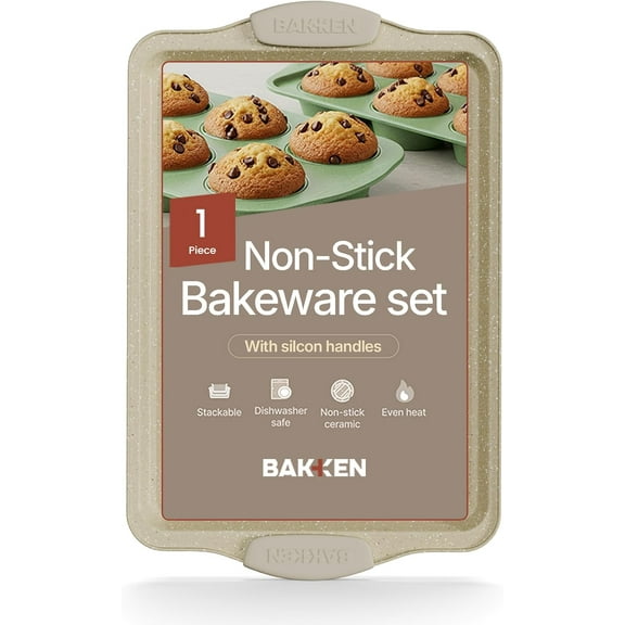 BAKKEN Nonstick Carbon Steel Baking Pan - 15.15 x 10.03 in Cookie Sheet, White Silicone Handles, Oven Safe to 450°F
