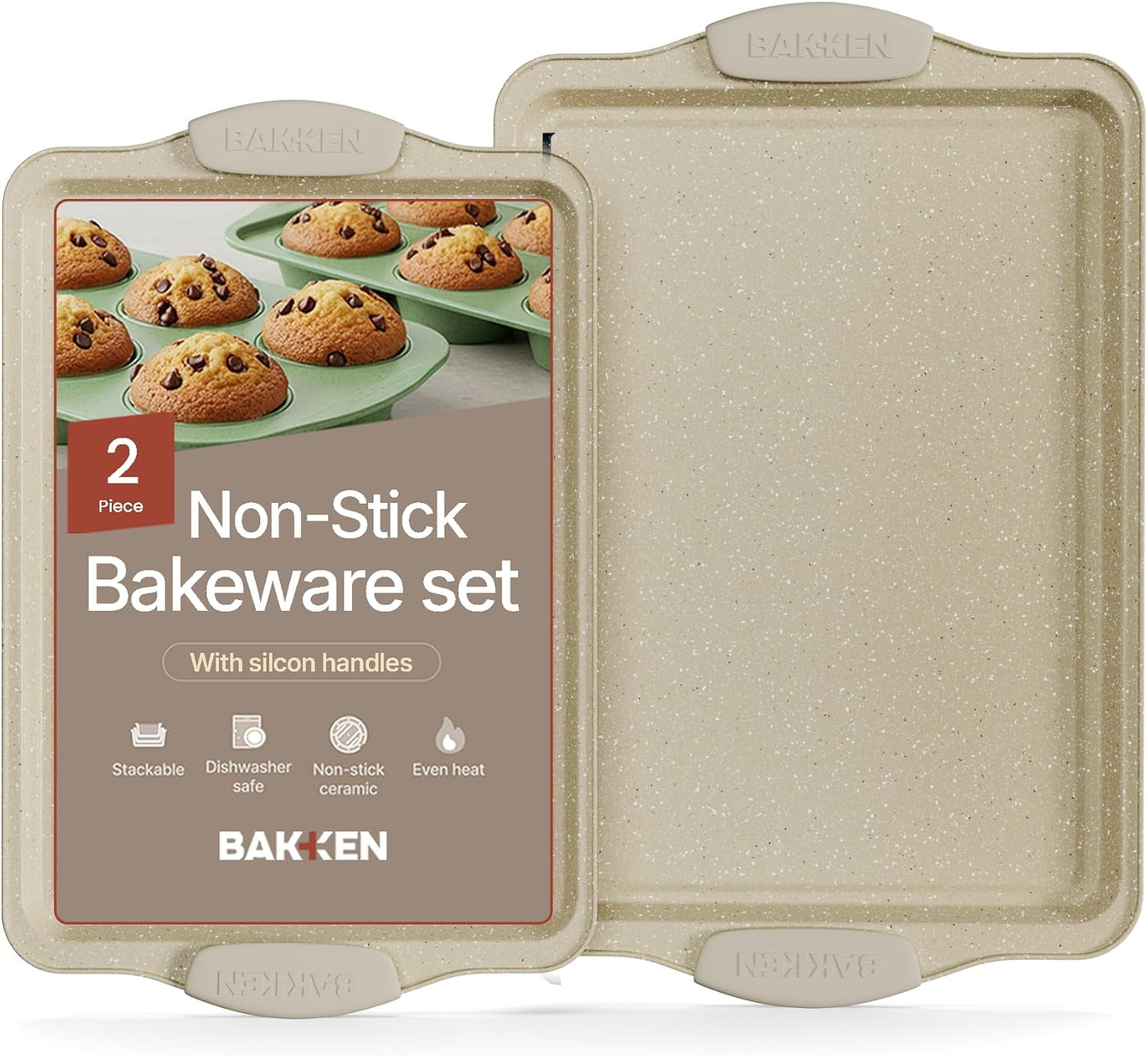 BAKKEN Kitchen Baking Pans – Medium (15.15" × 10.03") & Large (17.1" × 11.8") Nonstick Cookie Sheets, Carbon Steel with White Silicone Handles, Oven Safe Up to 450°F, 2-Piece Set