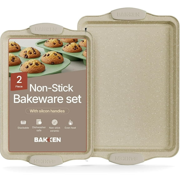 BAKKEN Kitchen Baking Pans – Medium (15.15" × 10.03") & Large (17.1" × 11.8") Nonstick Cookie Sheets, Carbon Steel with White Silicone Handles, Oven Safe Up to 450°F, 2-Piece Set