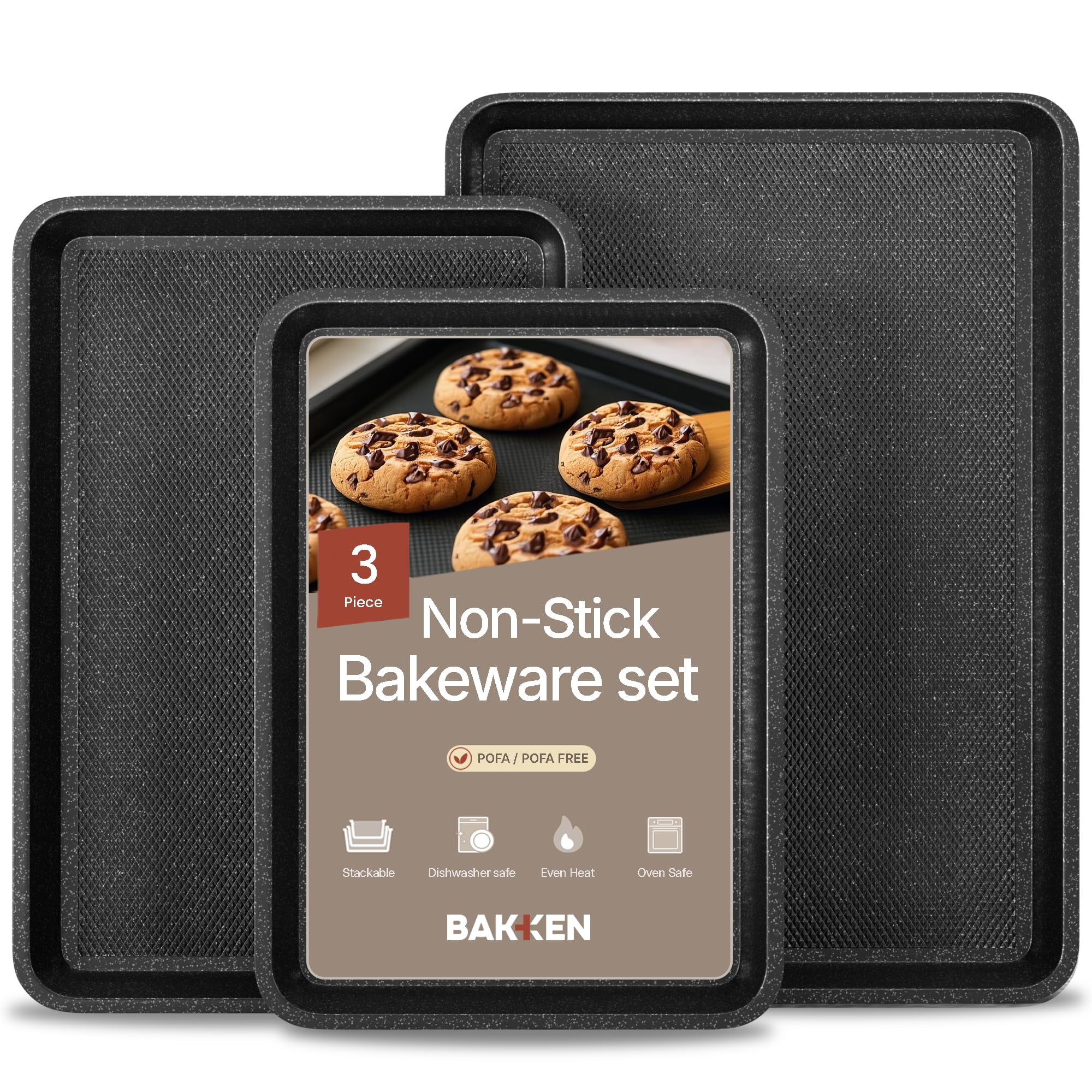 BAKKEN Baking Pans - Small, Medium, & Large Cookie Pan Nonstick, Diamond Texture Bottom, Oven Safe (450°F), Pack of 3, Gray Marble