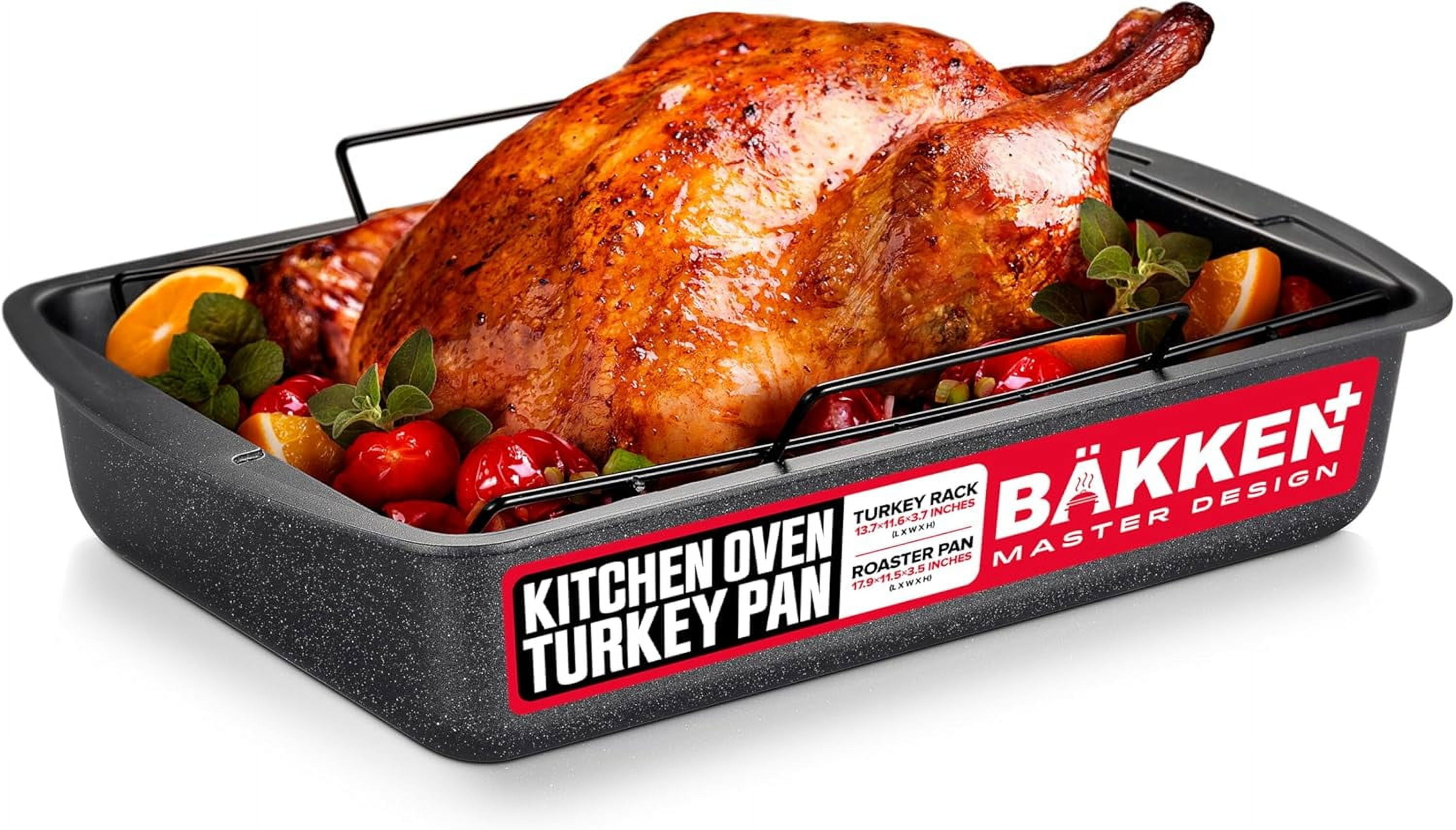 BAKKEN Large Gray Marble Nonstick Carbon Steel Turkey Roasting Pan with Rack