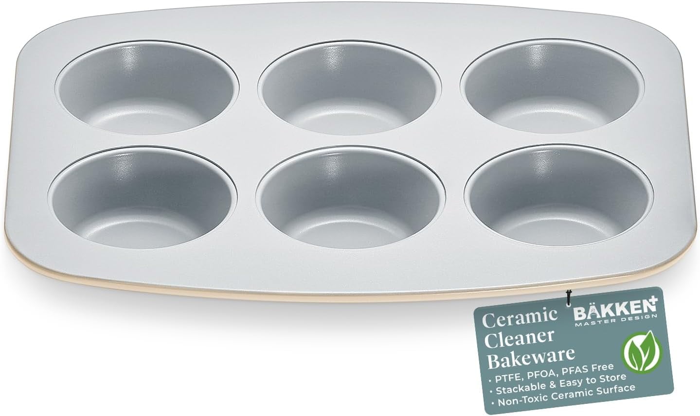 Bakken 6-Cup Cake and Muffin Pan, Aluminized Steel with Ceramic Non-Stick Coating, Non-Toxic, Heavy-Duty Bakeware, Even Heat Distribution, 10.8 x 8.8 Inches - Cream