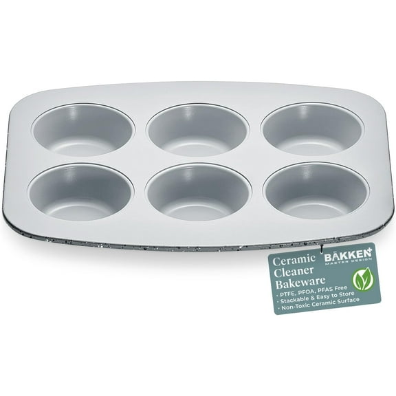 Bakken 6-Cup Cake and Muffin Pan, Aluminized Steel with Ceramic Non-Stick Coating, Non-Toxic, Heavy-Duty Bakeware, Even Heat Distribution, 10.8 x 8.8 Inches - Marble