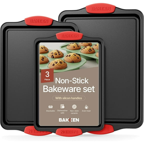 BAKKENMASTER Baking Pan Set – 3-Piece Non-Stick Carbon Steel Cookie Sheets with Silicone Handles, Commercial Grade, Black