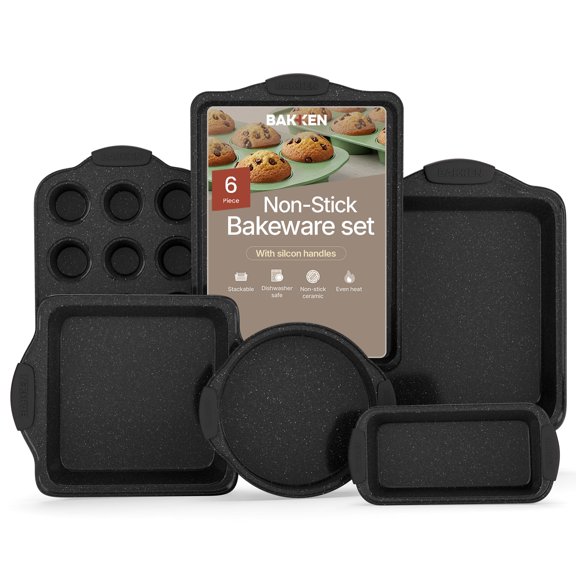 BAKKENMaster 6-Piece Nonstick Gray Marble Coated Bakeware Set - Professional Quality Carbon Steel Pans with Silicone Handles - Ideal for Oven, Refrigerator, Freezer - Dishwasher Safe Y101