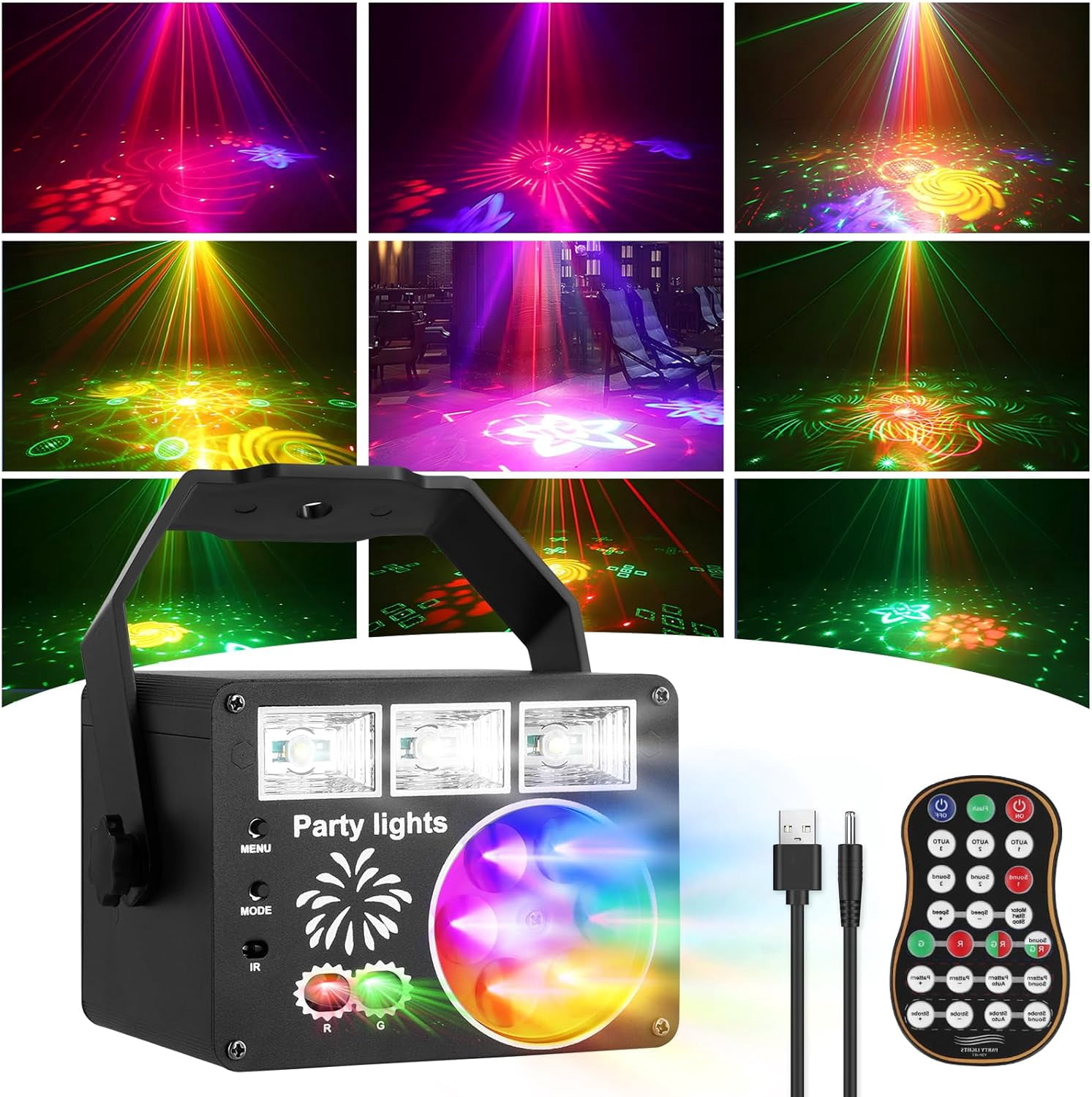 BAKOD 3-in-1 DJ Party Strobe Light with Laser & LED, Sound Activated Stage Light with Remote Control, RGB Pattern Effects for Parties, Weddings, Clubs & Home Events