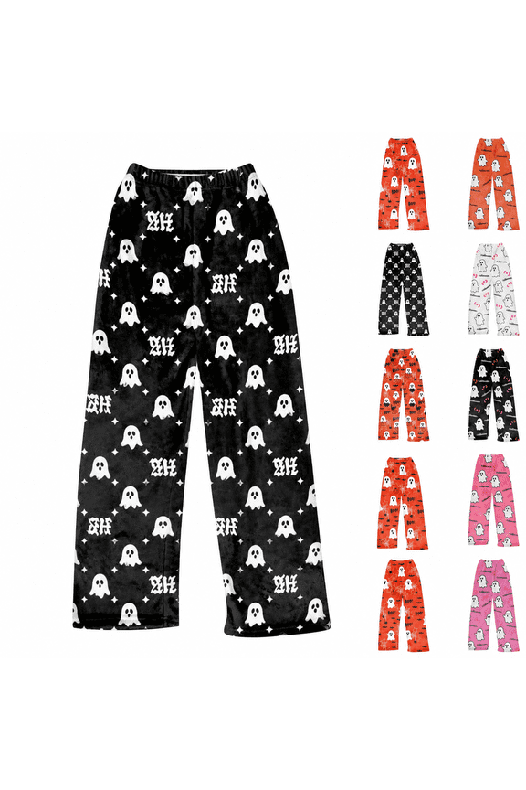 Halloween Fleece Pj Pants,Halloween Fleece Pajama Pants for Women, Cute Ghost Pumpkin Bat Print Plush PJ Bottoms, Warm Cozy Fuzzy Lounge Pants with Elastic Waistband