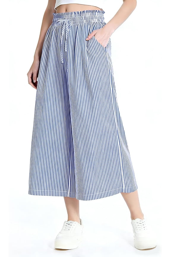 Wide Leg Capri Pants for Women, Linen Gingham Culottes High Waisted 7/8 Cropped Palazzo Pants for Summer Beach Vacation with Pockets
