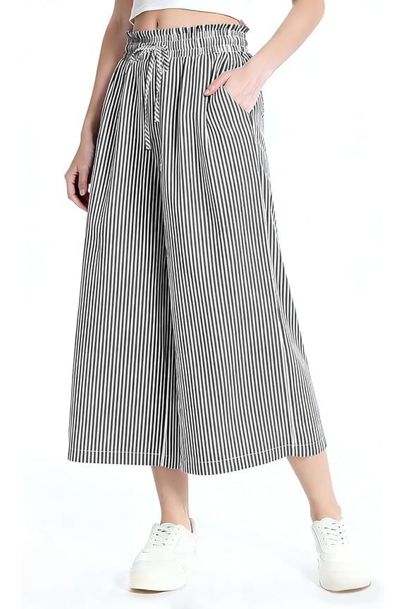 Wide Leg Capri Pants for Women, Linen Gingham Culottes High Waisted 7/8 Cropped Palazzo Pants for Summer Beach Vacation with Pockets