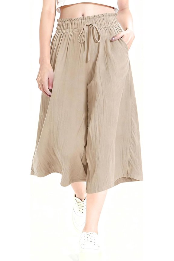 Wide Leg Capri Pants for Women, Linen Gingham Culottes High Waisted 7/8 Cropped Palazzo Pants for Summer Beach Vacation with Pockets