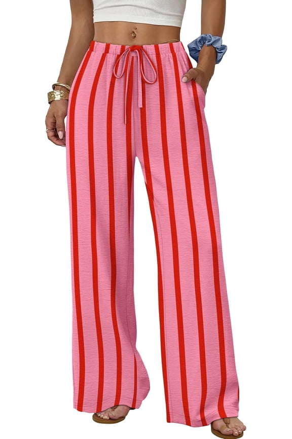 Wide Leg Pants for Women Flowy Palazzo Drawstring Elastic Waist Trousers with Pockets Summer Beach Vacation Clothes Flowy Pants Drawstring Loose Lightweight Pants