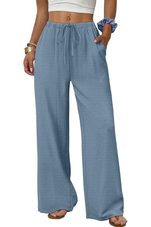 Wide Leg Pants for Women Flowy Palazzo Drawstring Elastic Waist Trousers with Pockets Summer Beach Vacation Clothes Flowy Pants Drawstring Loose Lightweight Pants