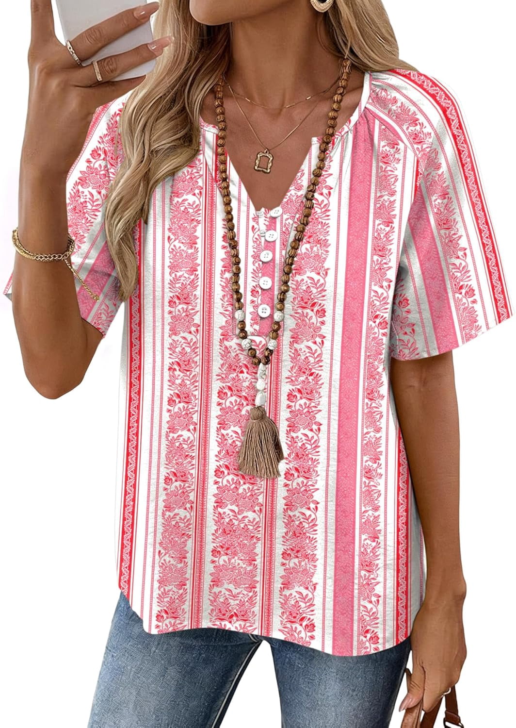 BAKREP Women's Boho Print Short Sleeve Blouse - Casual V-Neck Button ...