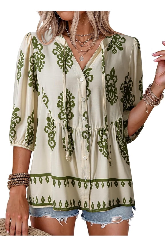 Women's Floral Print Peplum Blouse - Boho 3/4 Puff Sleeve Tie-Front Top - Casual V-Neck Flowy Summer Tunic Boho Floral Womens Summer Tops