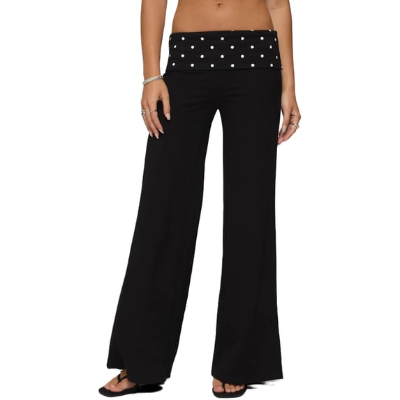 BAKREP Women's High Waisted Wide Leg Palazzo Pants, Women Fold Over Yoga Pants Elastic Low Rise Wide Leg Contrast Foldover Leggings Bell Bottoms Baggy Sweatpants Lounge Yoga Pants