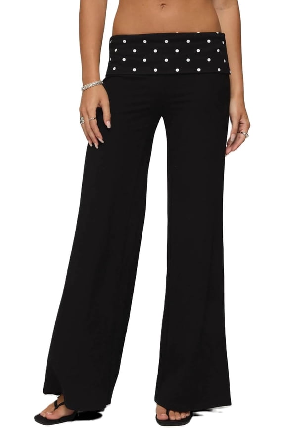 Women's High Waisted Wide Leg Palazzo Pants, Women Fold Over Yoga Pants Elastic Low Rise Wide Leg Contrast Foldover Leggings Bell Bottoms Baggy Sweatpants Lounge Yoga Pants