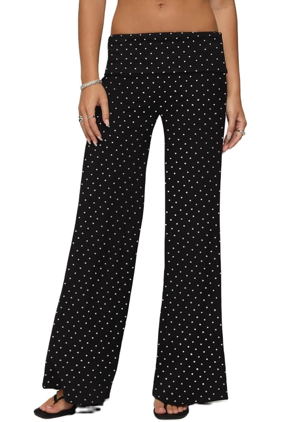 Women's High Waisted Wide Leg Palazzo Pants, Women Fold Over Yoga Pants Elastic Low Rise Wide Leg Contrast Foldover Leggings Bell Bottoms Baggy Sweatpants Lounge Yoga Pants