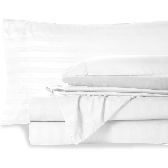 BALAJI EXPORT Queen Size 6 Piece Sheet Set,600TC, 100% Egyptian Cotton - 15" Deep Pocket Fitted Sheet - White Stripe.