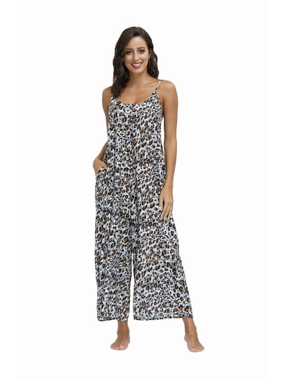 Jumpsuits for Women Floral Wide Leg Spaghetti Strap Sleeveless Casual Loose Ethnic Long Rompers with Pockets