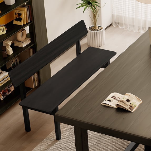 BALANBO 2 Person Modern Farmhouse Wood Kitchen Dining Bench with Backrest, 48" Entryway Bench, Black