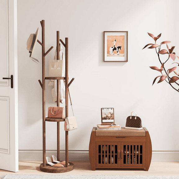 BALANBO 28.3” Shoe Bench with Lift Top Storage, Entryway Storage Bench with Cushioned Seat, Bamboo End of Bed Bench, Shoe Cabinet Bench with Hidden Storage Space, for Bedroom, Hallway(Brown)