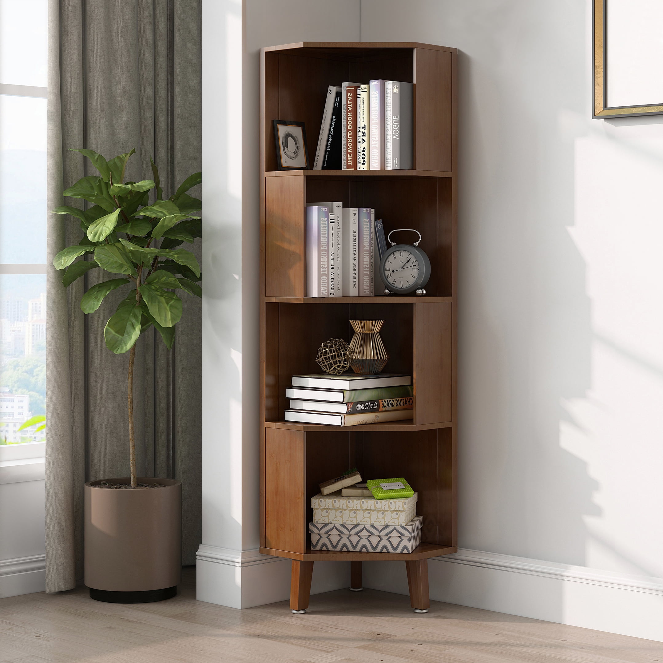 BALANBO 3 Tier Cube Corner Bookshelf Bamboo Corner Bookcase Brown 13 L x 13 W x 45.3 H