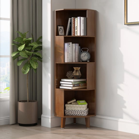BALANBO 4-Tier Cube Corner Bookshelf Bamboo Corner Bookcase, Brown, 2.8(L) x 14.5(W) x 54(H)